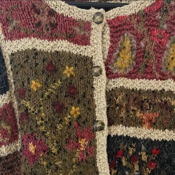 Vintage 90s Handmade Patchwork Jewelneck Button Down Cardigan in Maroon Silk - Picture 4 of 4